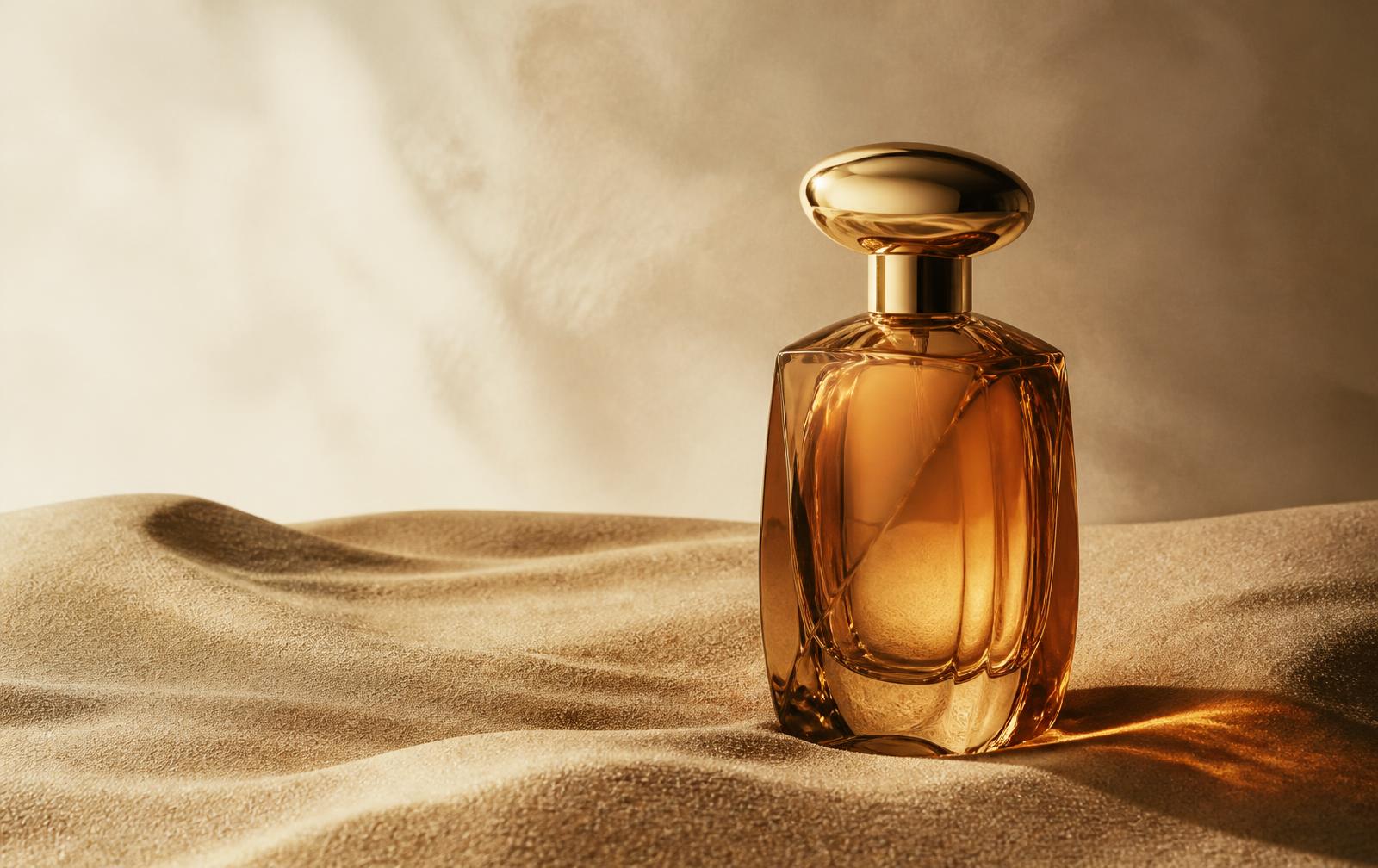 Amber glass perfume bottles arranged on stone